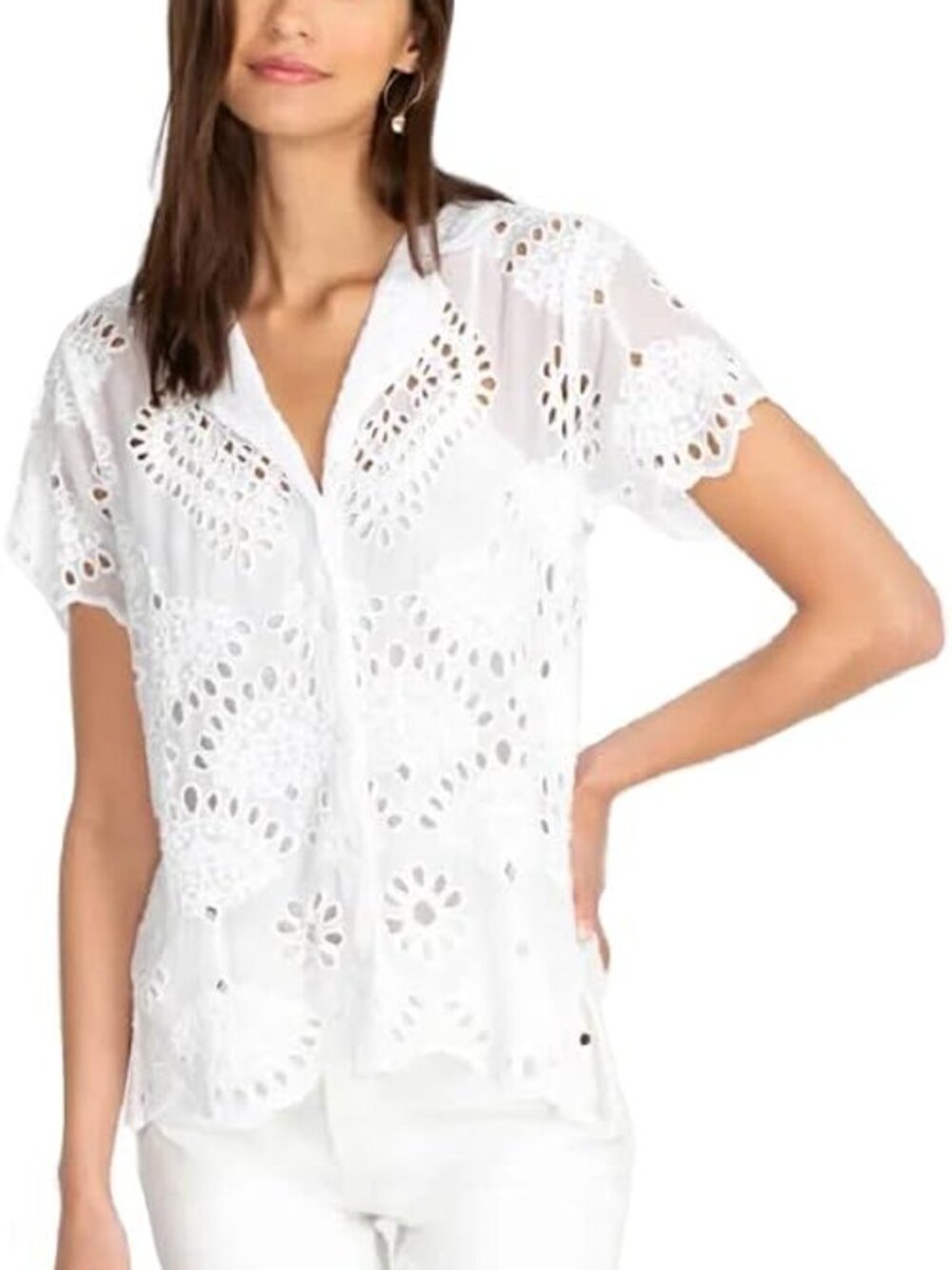 Johnny Was Marietta Cooper Button Up Size XL White Dainty Top Eyelet Lace Boho